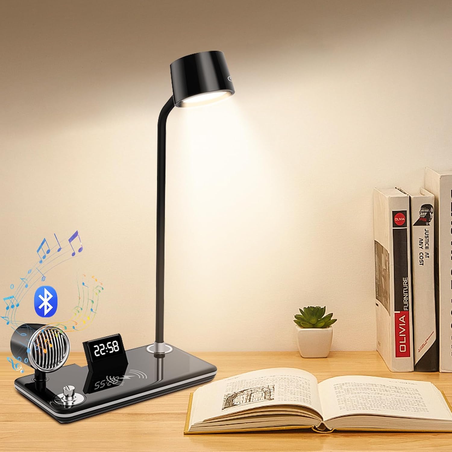 4-in-1 Wireless Charger Touch Switch, All Iphone and Android Model with BT Speaker,digital clock,and 3 Color LED Lamp